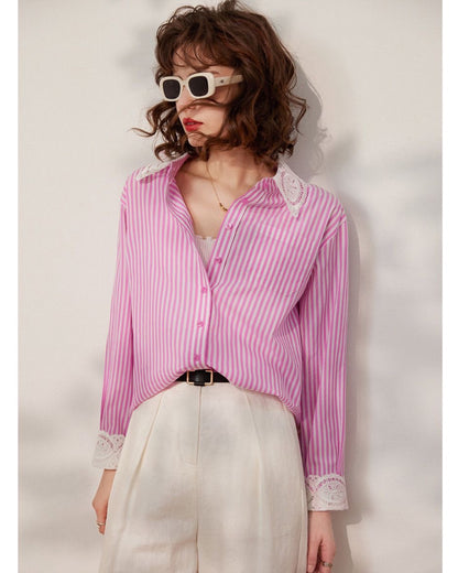 Cute collar and sleeve striped shirt