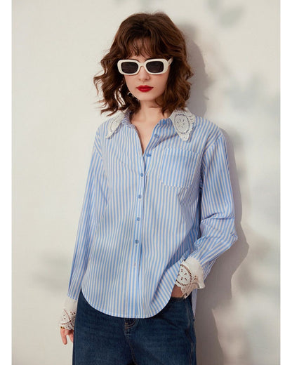 Cute collar and sleeve striped shirt